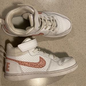 Nike Girl Sneakers - White with Pink Animal Print Swoosh. Size 13.5c. Used.